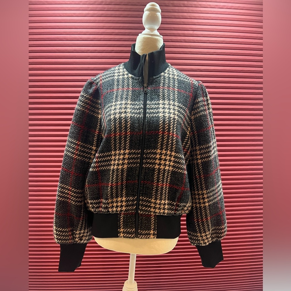 Express Plaid Bomber Jacket - Black, Red, Cream